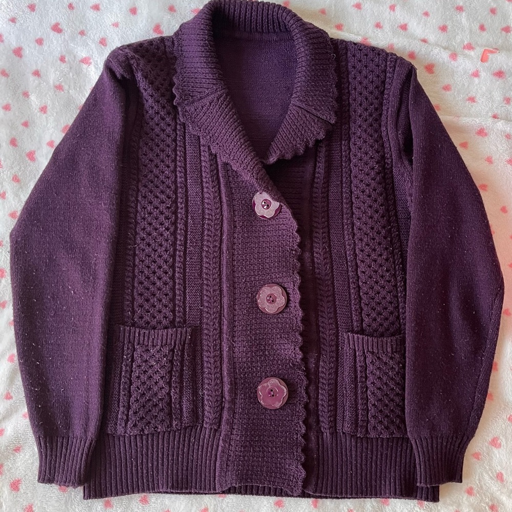 Women's Dark Purple Cardigan with Flower Detailing
